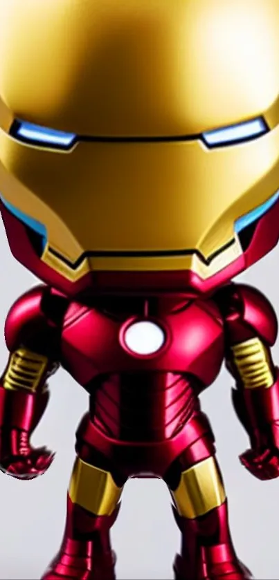 Cartoon hero with red and gold armor stands tall.