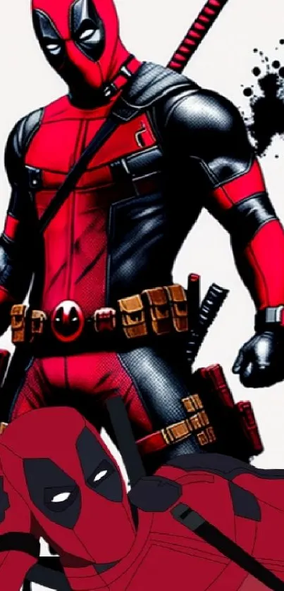 Comic hero in red and black costume with dynamic pose.