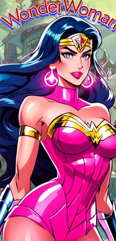 Colorful superhero comic art wallpaper with vibrant fuchsia accents.