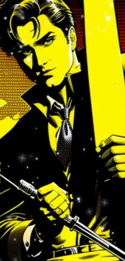 Dynamic comic-style wallpaper with a heroic figure in vibrant yellow.