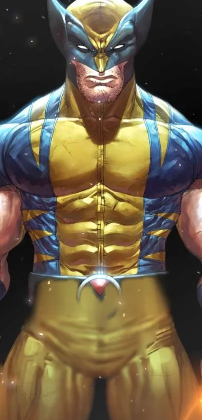 Comic art featuring a muscular hero in blue and yellow.