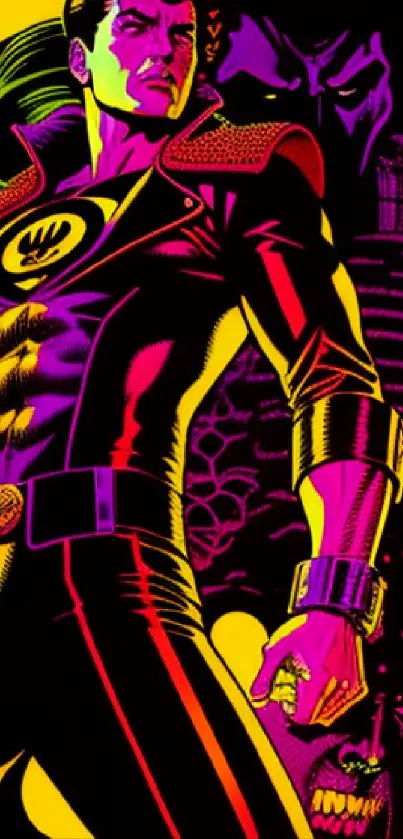 Vibrant comic book hero in neon colors.