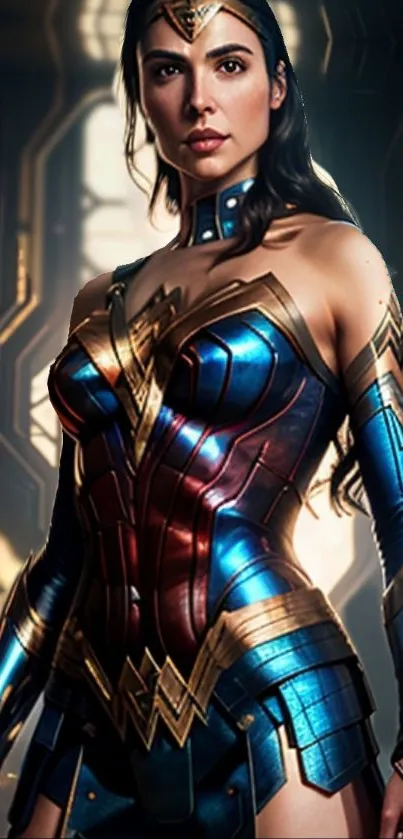 Vibrant female superhero in metallic costume with dynamic lighting.