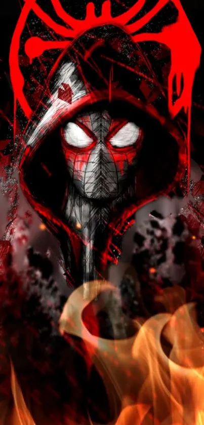 Hooded hero with fiery elements and bold red hues for a dynamic mobile wallpaper.