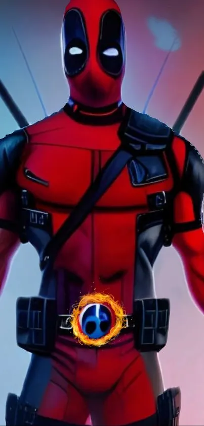 Vibrant comic hero in red suit with fiery belt for mobile wallpaper.