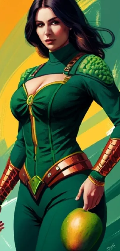 Vibrant artwork featuring a heroine in green attire, ideal for mobile wallpapers.