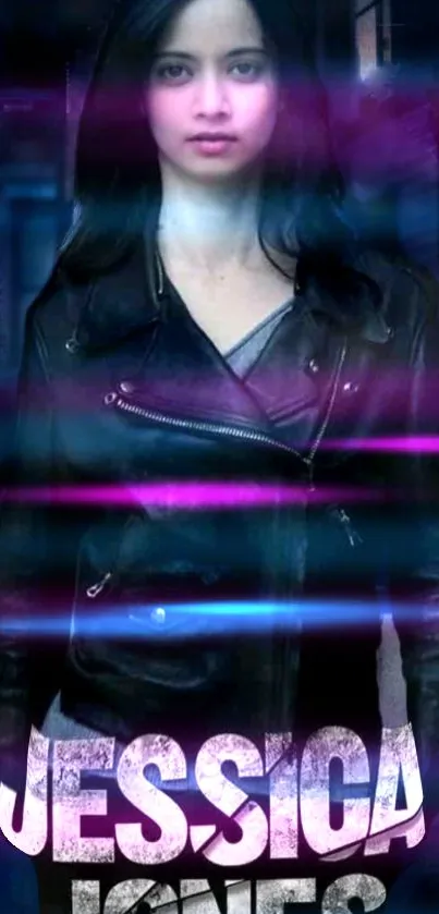 Vibrant heroine in leather jacket phone wallpaper.