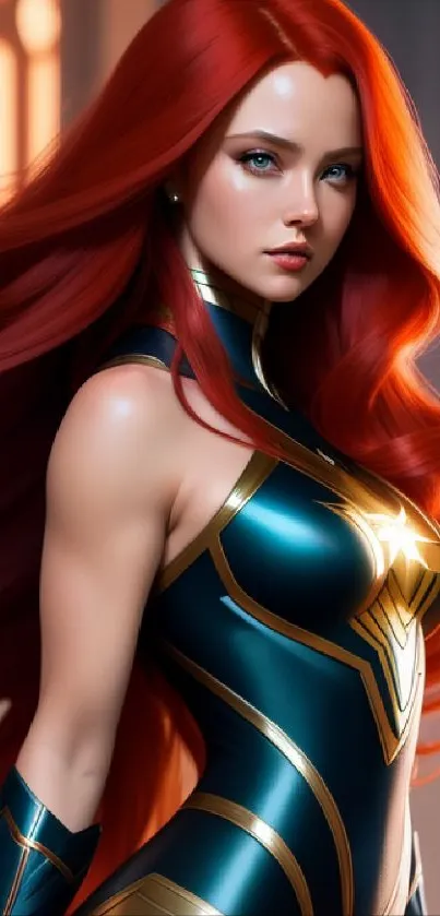 Vibrant heroine with red hair and glowing armor on phone wallpaper.