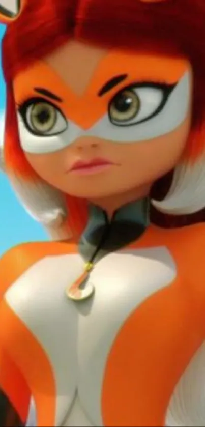 Vibrant cartoon heroine in orange suit.