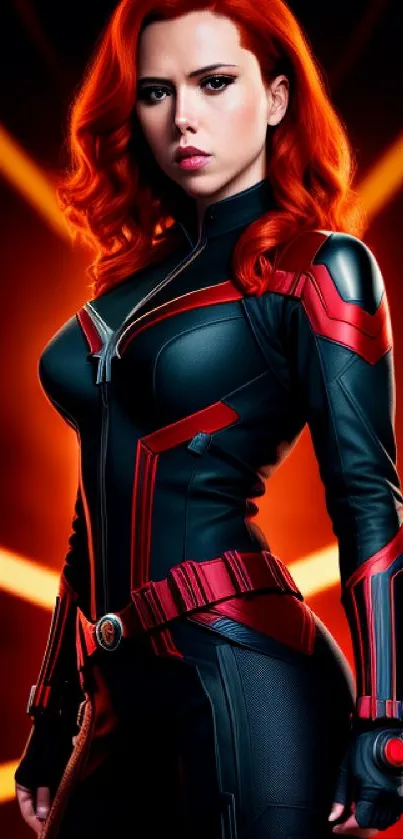 Heroine in red and black with illuminated background.