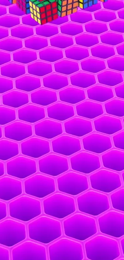 3D purple hexagons with colorful cubes.