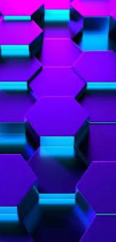 Vibrant neon blue and purple 3D hexagon wallpaper.