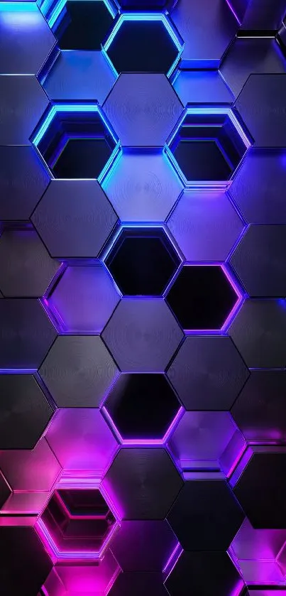 Hexagon pattern with glowing LED lights in blue and pink hues on a dark background.