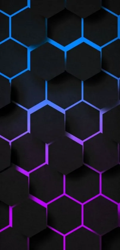 Vibrant hexagonal wallpaper with black, purple, and blue hues.