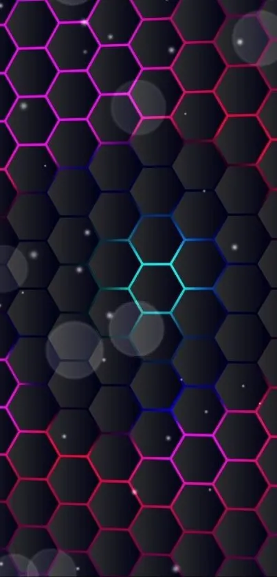 Neon hexagon pattern wallpaper with vibrant colors and glowing effects.