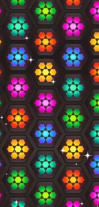 Colorful hexagon pattern wallpaper with vibrant geometric design.