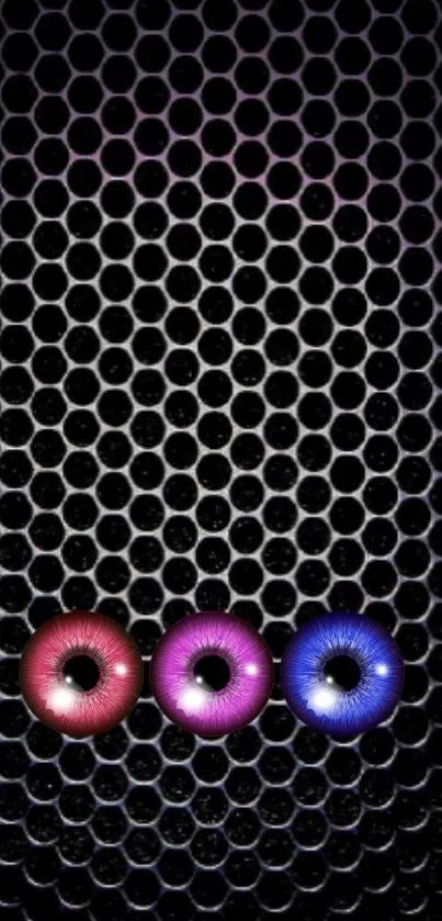 Vibrant hexagonal honeycomb wallpaper with neon colors for mobile background.