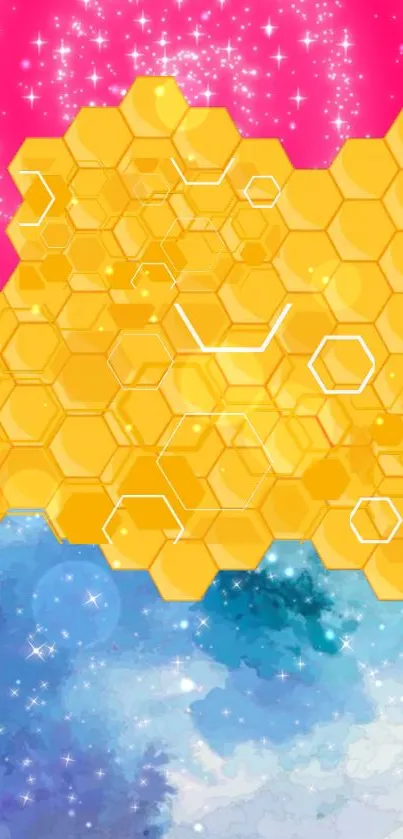 Vibrant hexagonal wallpaper with pink, yellow, and blue hues.