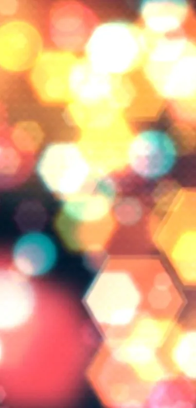 Colorful hexagonal bokeh light wallpaper for mobile screen.