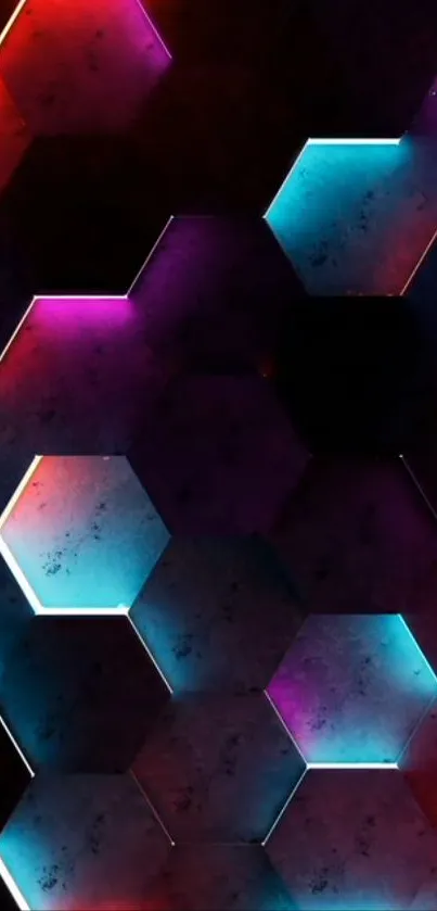 Vibrant hexagonal neon wallpaper with colorful geometric patterns.