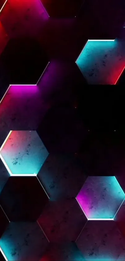 Vibrant neon hexagonal pattern wallpaper with colorful illuminated shapes.