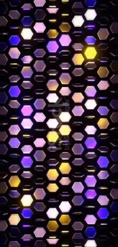 Vibrant hexagonal pattern wallpaper in purple and yellow tones.