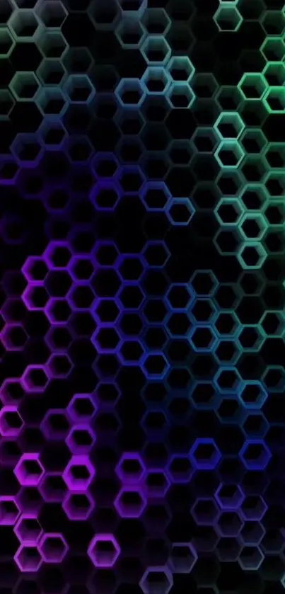 Vibrant hexagonal pattern with gradient colors on a dark background wallpaper.
