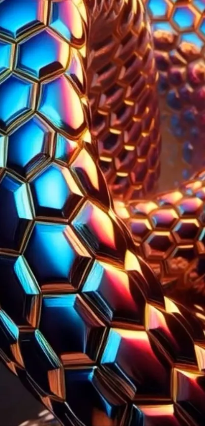 Vibrant hexagonal pattern with metallic hues wallpaper.
