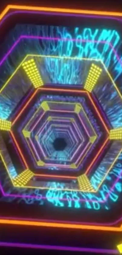 Vibrant neon hexagonal tunnel wallpaper