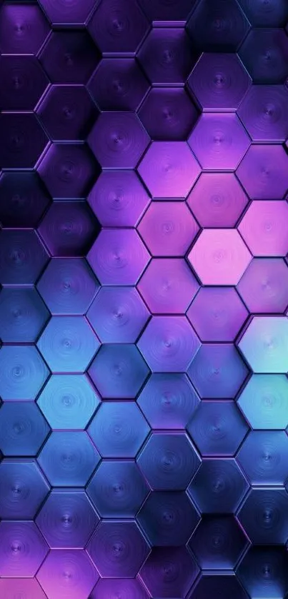 Vibrant hexagonal pattern wallpaper in purple and blue hues.