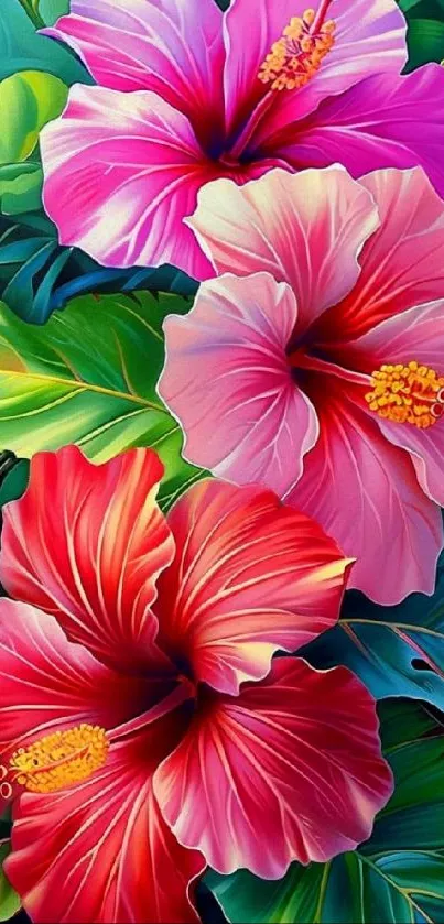 Vibrant hibiscus flowers and lush green leaves mobile wallpaper.