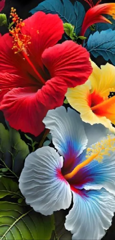 Vibrant hibiscus flowers wallpaper with red, yellow, and white blossoms on dark background.