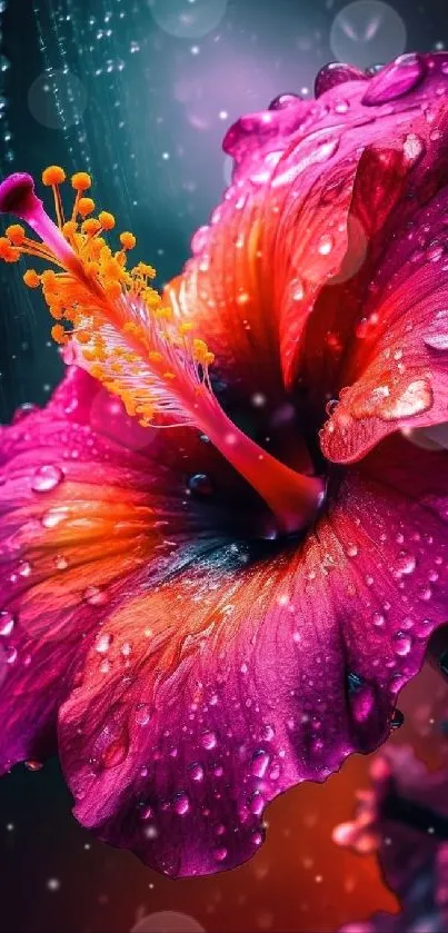 Vibrant pink hibiscus flower with water droplets.