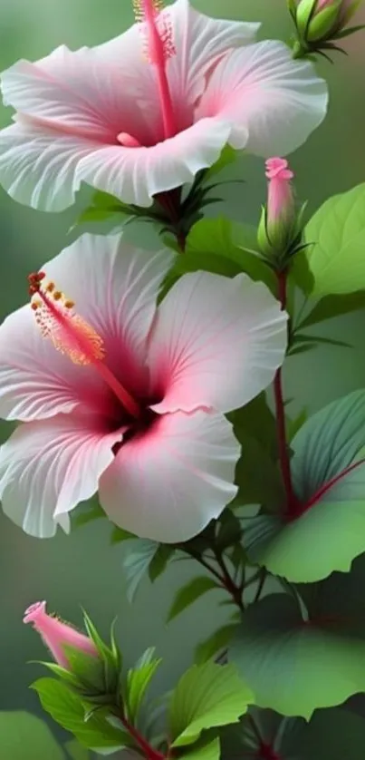 Pink hibiscus flowers with green leaves wallpaper.