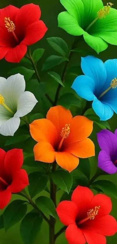 A vibrant wallpaper featuring multicolored hibiscus flowers on a green background.