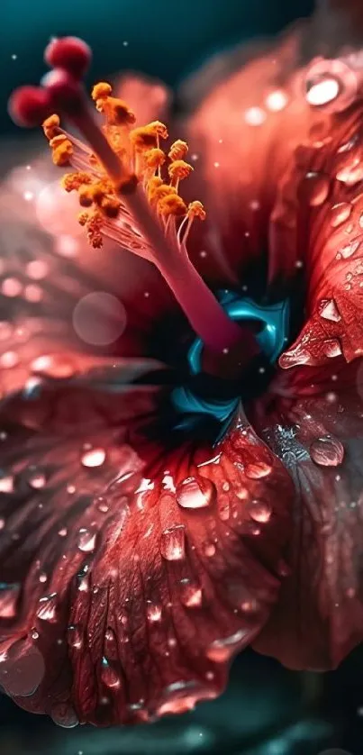 Close-up of vibrant hibiscus flower with water droplets on petals.