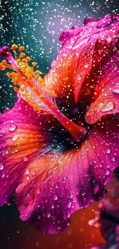 Vibrant pink hibiscus flower with droplets.