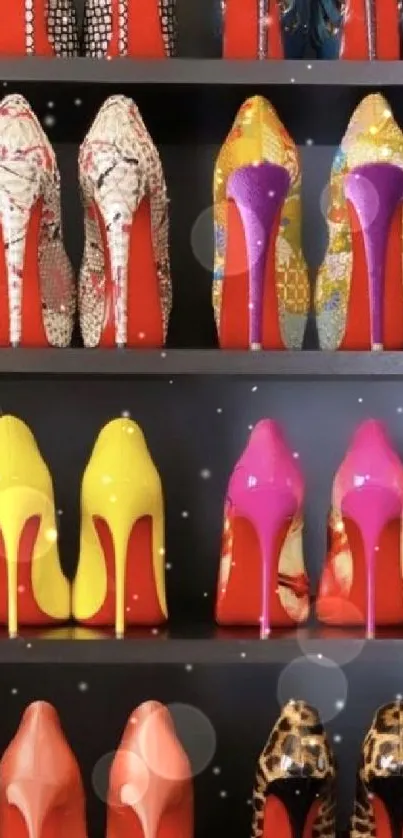 A vibrant wallpaper of colorful high heels on shelves.