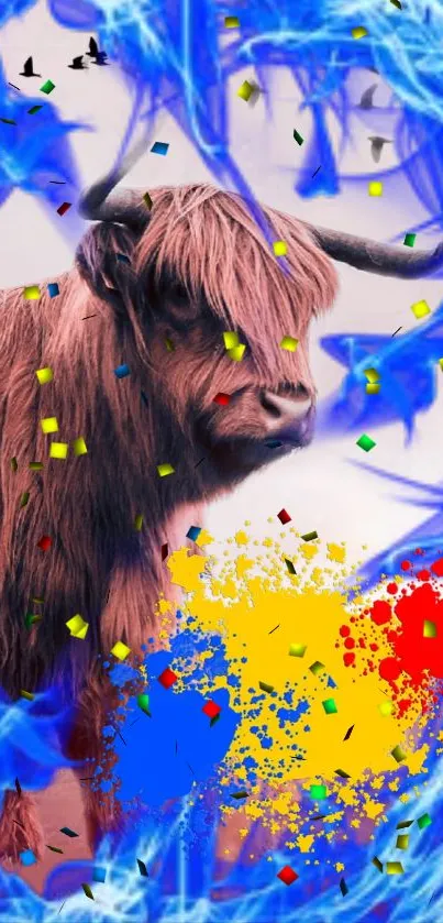 Highland cattle in vibrant, colorful abstract art.