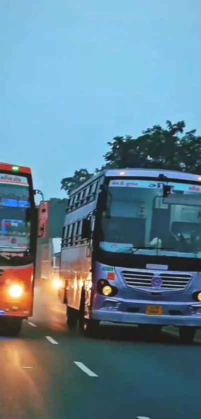 Colorful buses on a highway at dusk with vibrant hues and lively motion.