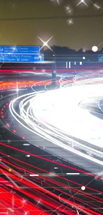 Vibrant red and white light trails on a highway at night.