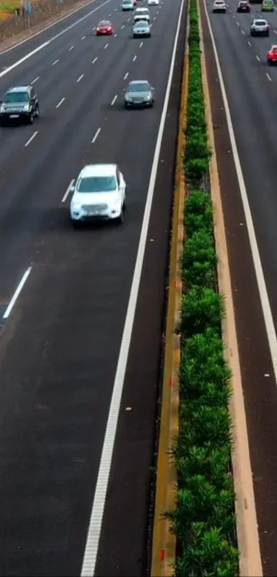 Cars driving on a wide highway with a median of plants.