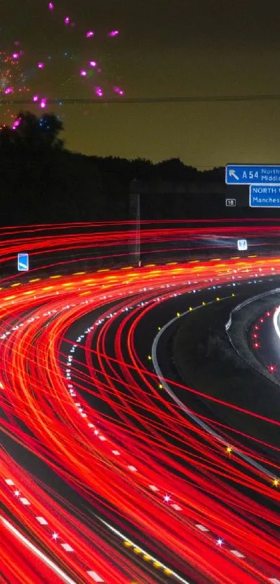 Dynamic highway light trails in vibrant red and white at night.