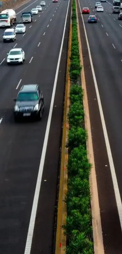 A bustling highway with cars and greenery, ideal for urban-themed phone backgrounds.