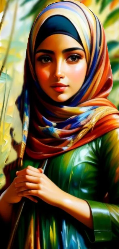 Colorful portrait of a woman wearing a hijab in a lush, green setting.