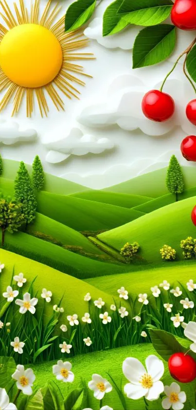 Vibrant hillside landscape with sun and cherries.