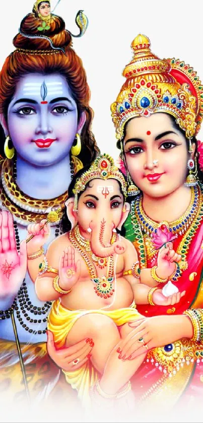 Vibrant depiction of Hindu deities Shiva, Parvati, and Ganesha in traditional attire.