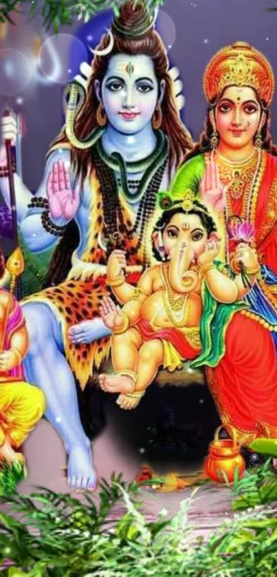 Colorful depiction of Hindu deities in a vibrant family portrait.