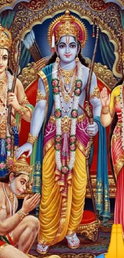 Colorful Hindu deities in traditional attire and art style.