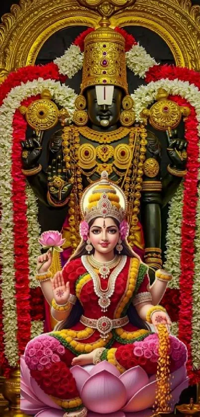 Vibrant depiction of Hindu deities adorned with flowers.